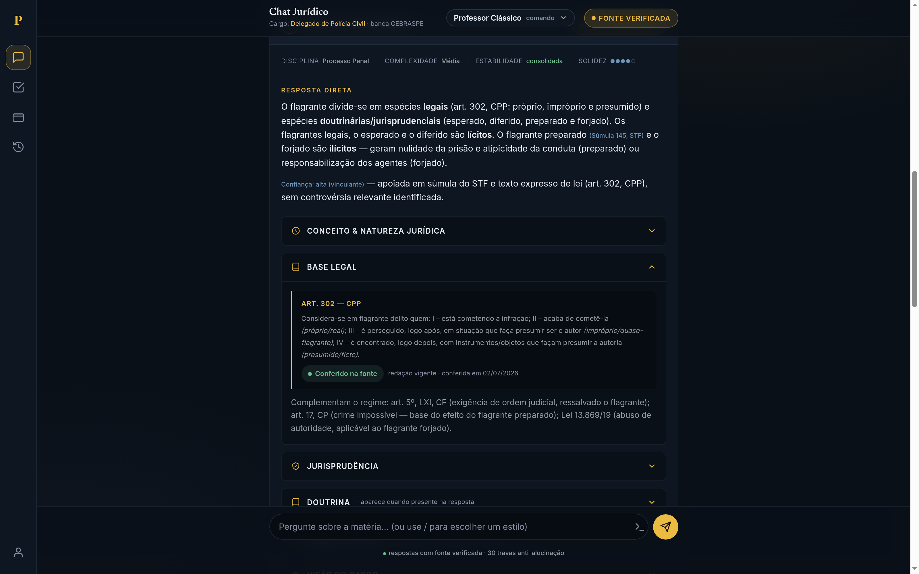 Chat jurídico do Posse.IA: resposta com selo Fonte Verificada, Resposta Direta e Base Legal (art. 302 do CPP) conferida na fonte.