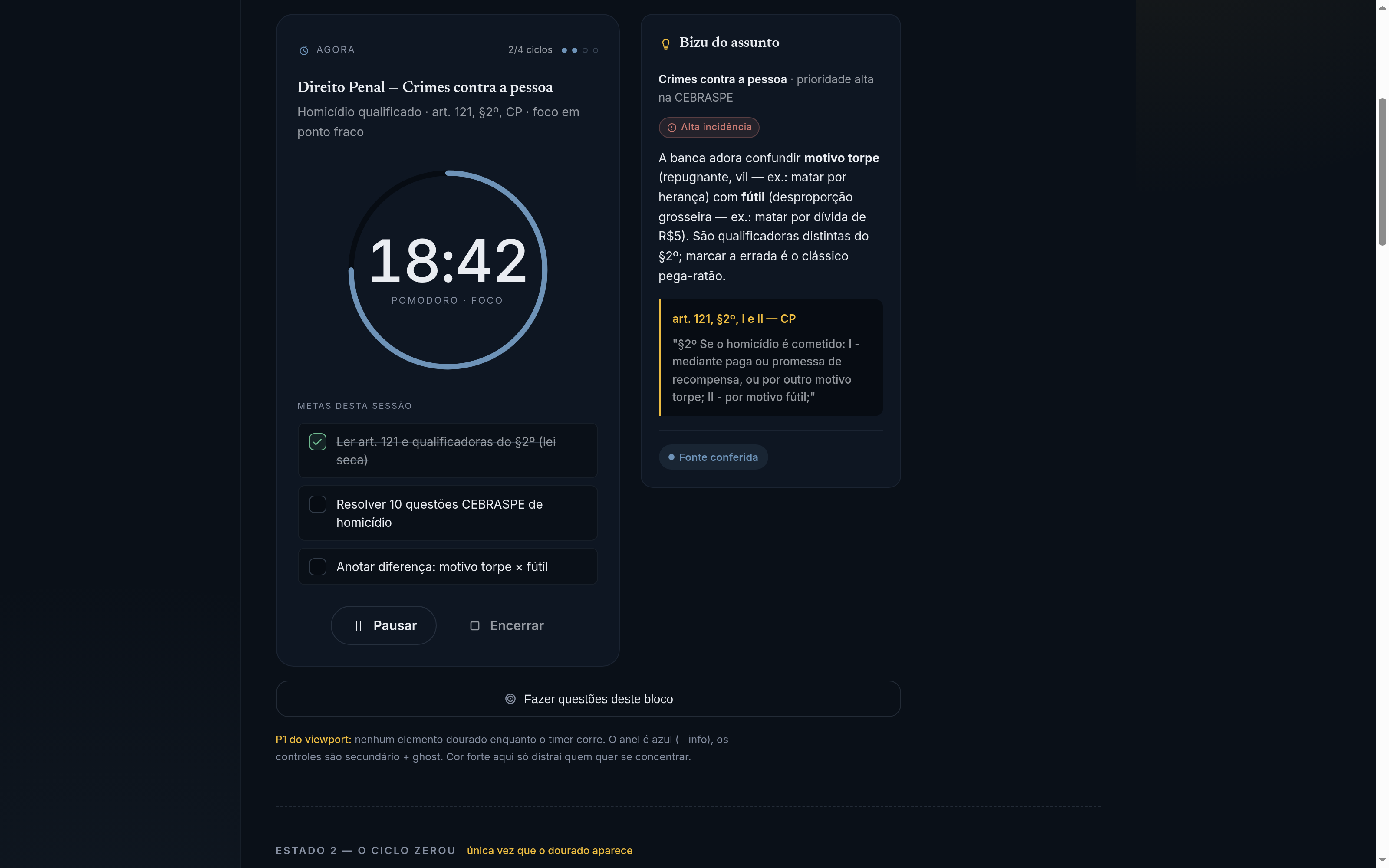 Sessão de Estudos do Posse.IA: cronômetro Pomodoro em foco, metas da sessão e bizu do assunto com a citação legal (art. 121 do CP) conferida na fonte.