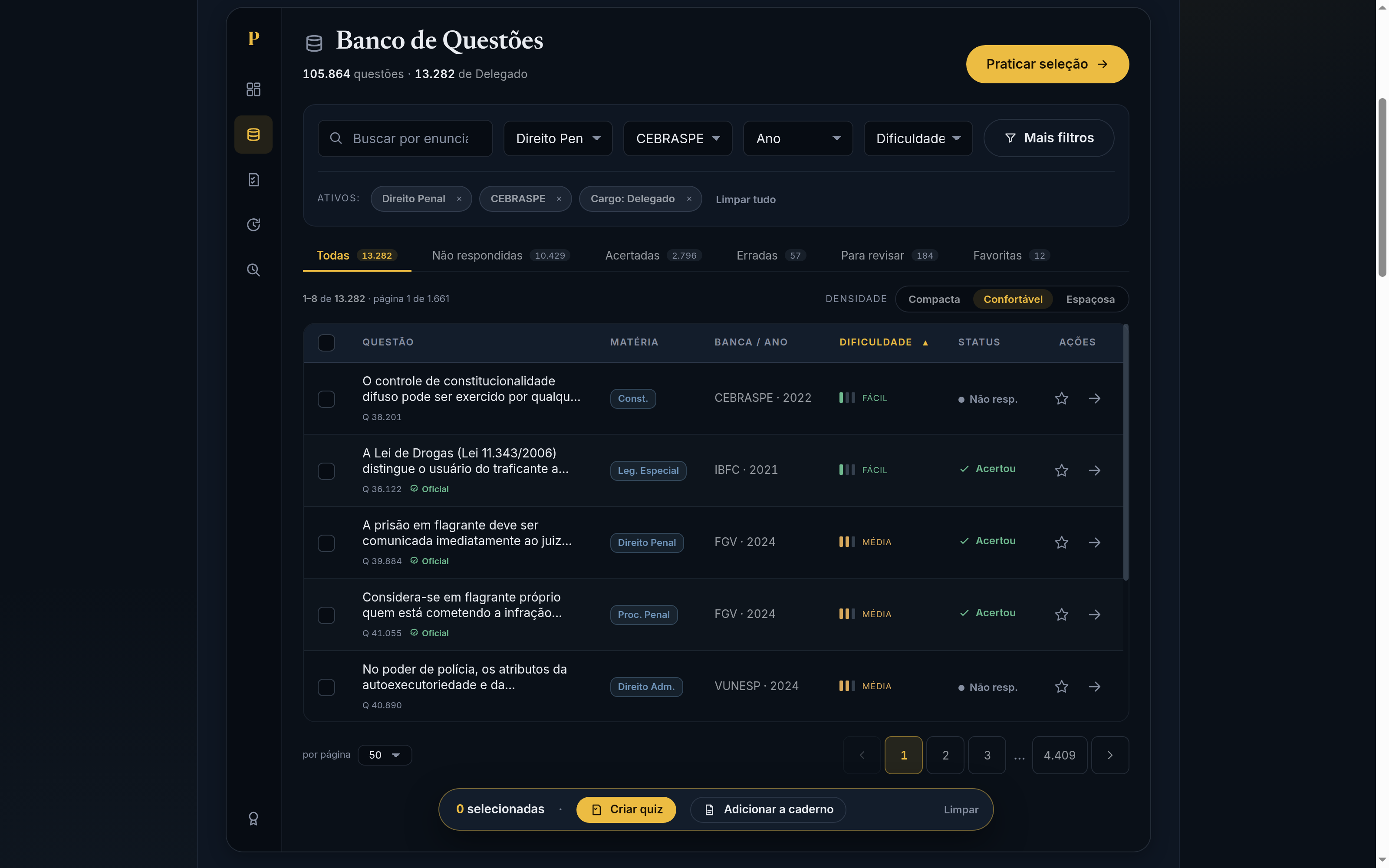 Banco de Questões do Posse.IA: mais de 105 mil questões filtráveis por matéria, banca, ano e dificuldade, com status por questão e criação de quiz.