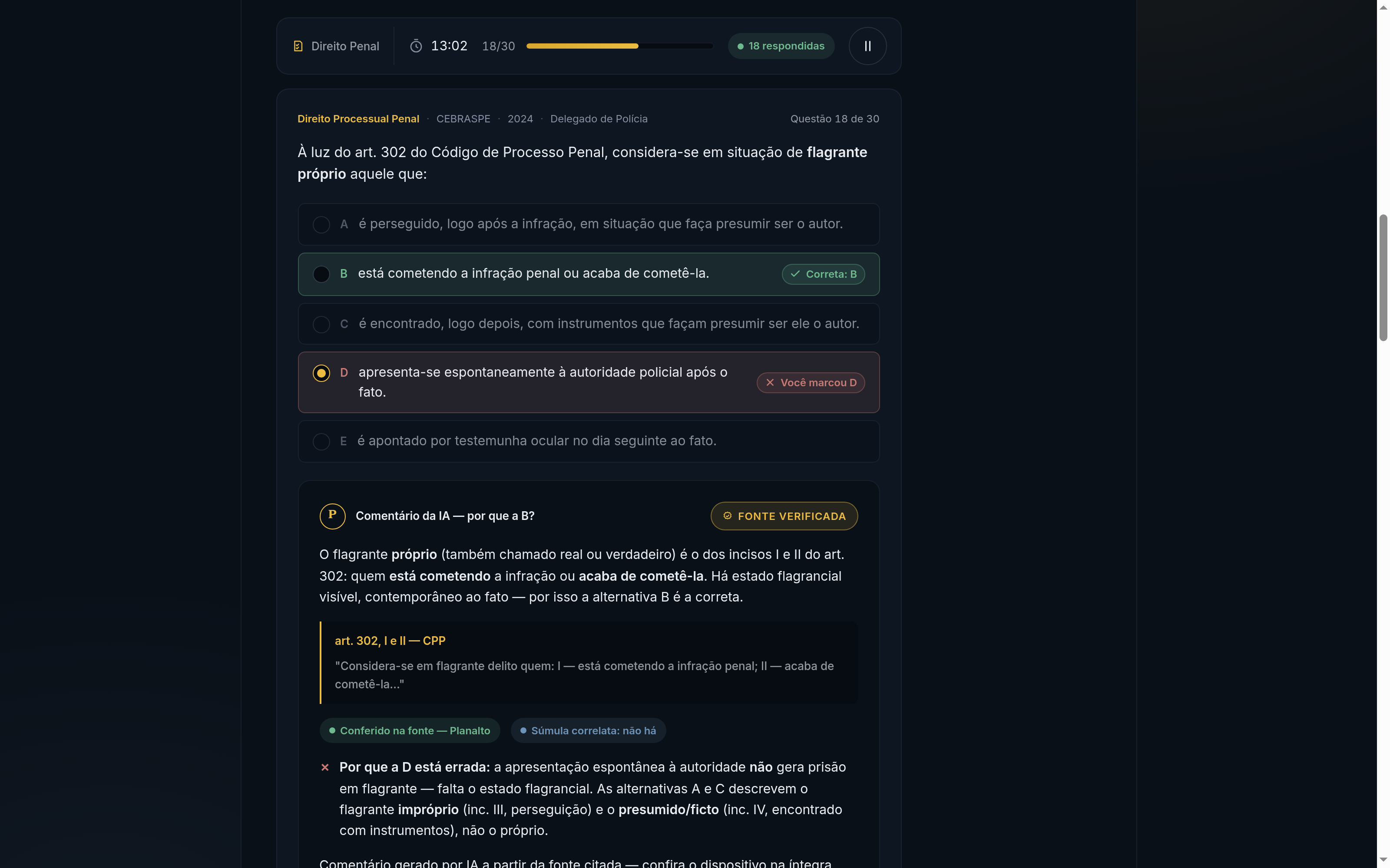 Tela de questão do Posse.IA: correção tricanal (alternativa certa em verde, a marcada em vermelho) e comentário da IA com fonte verificada explicando por que a alternativa está errada.