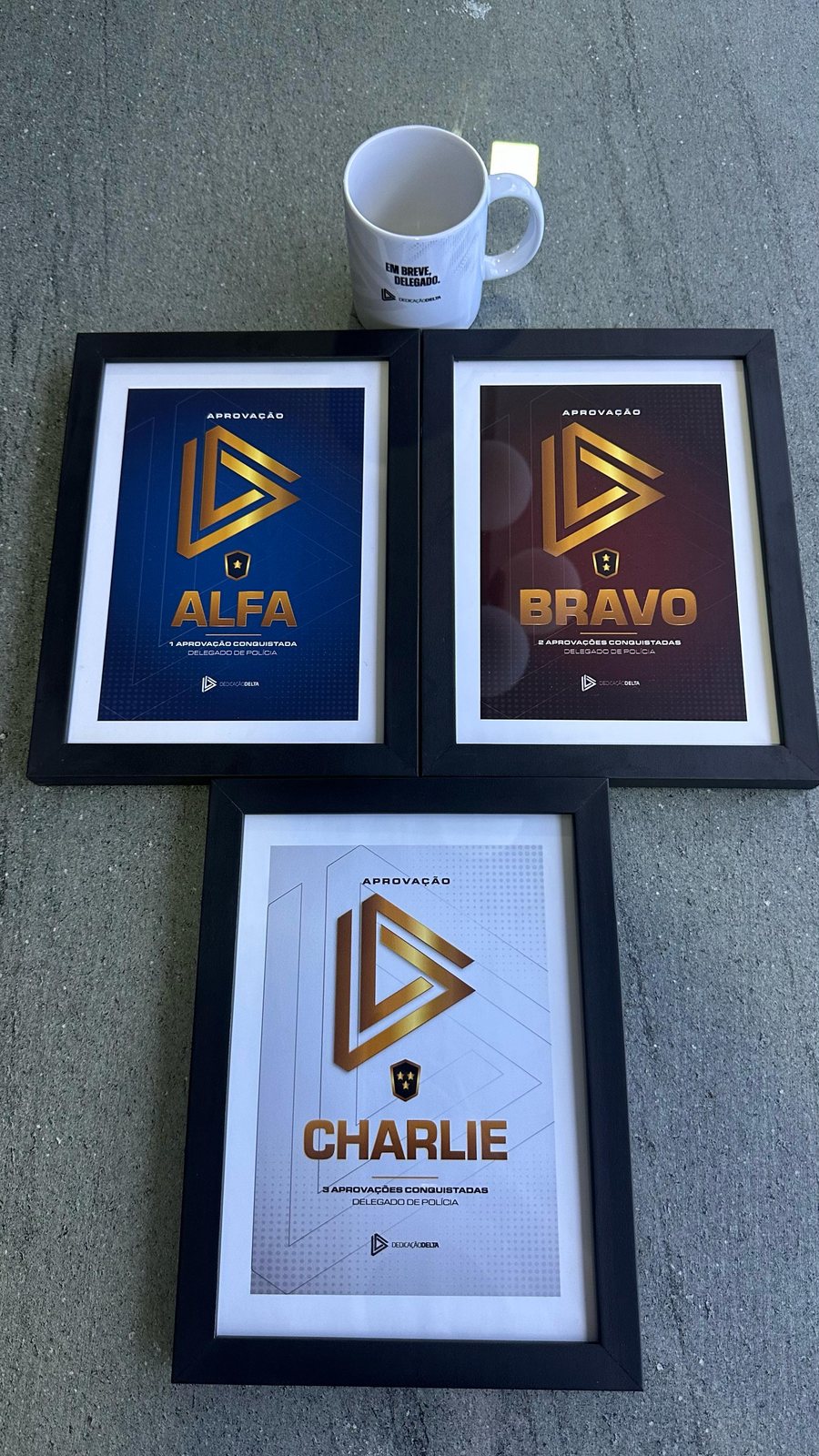 Três placas emolduradas de aprovação para Delegado de Polícia — PCGO, PCPE e PCSC — dispostas lado a lado.