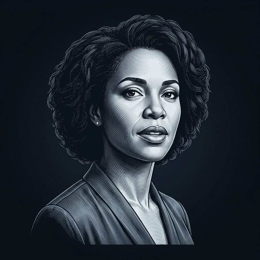 Mentora de IA — Oratória / Fono, retrato em gravura