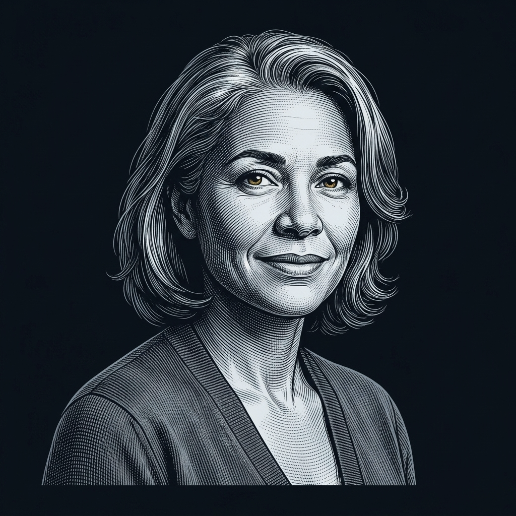 Mentora de IA — Recuperação, retrato em gravura